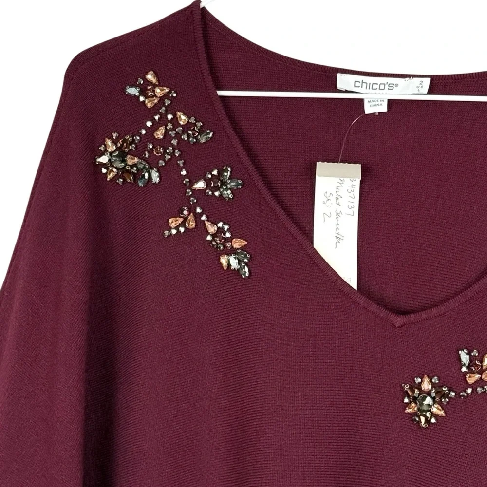 NWT Chico’s Embellished Floral Beaded V-Neck Sweater Size 2 (L) – Plum Purple